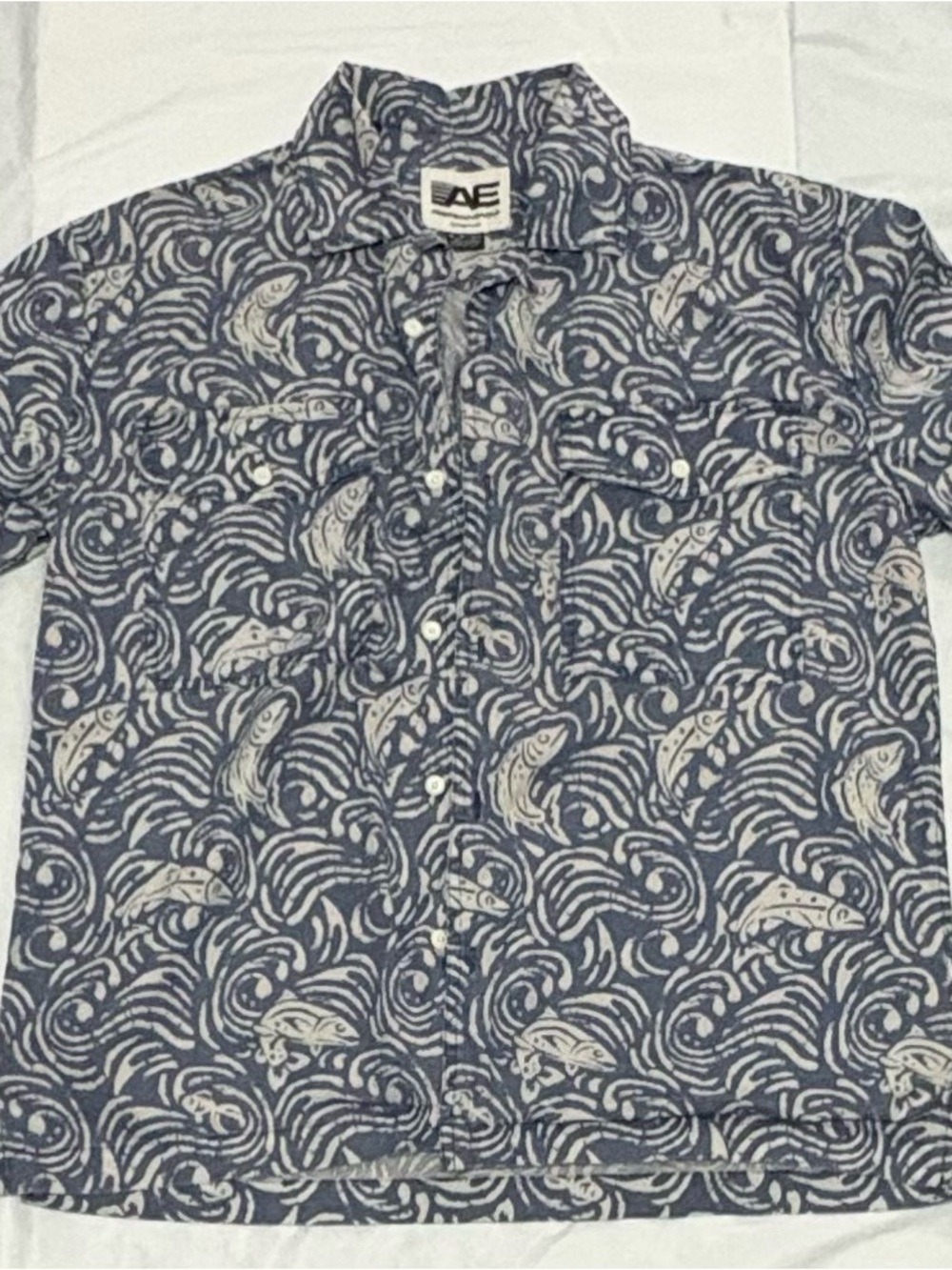 American Eagle Outfitters Navy and Cream Fish-Print Button-Up Shirt